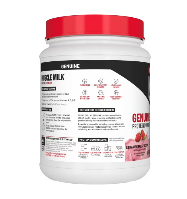 Muscle Milk Genuine Protein Powder, Strawberries ‘N Crème, 32g Protein, 1.93lb,