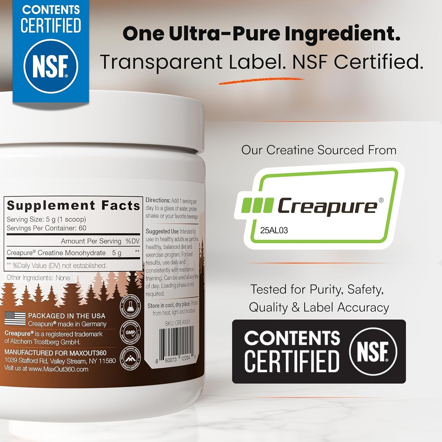 Creapure Creatine Monohydrate Powder 60 Servings Unflavored NSF