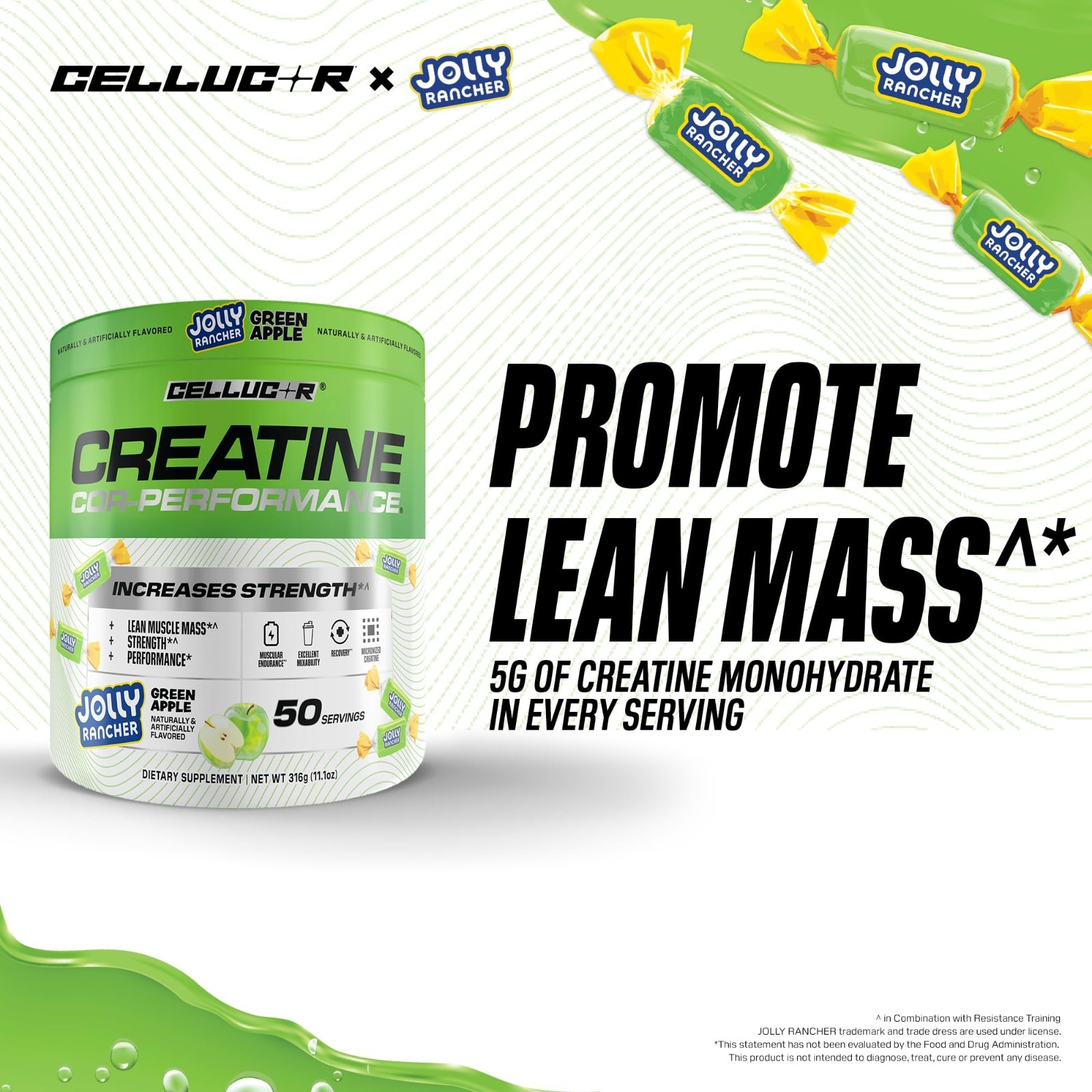 Creatine Powder – Jolly Rancher Green Apple Flavor, Boost Strength & Endurance,
