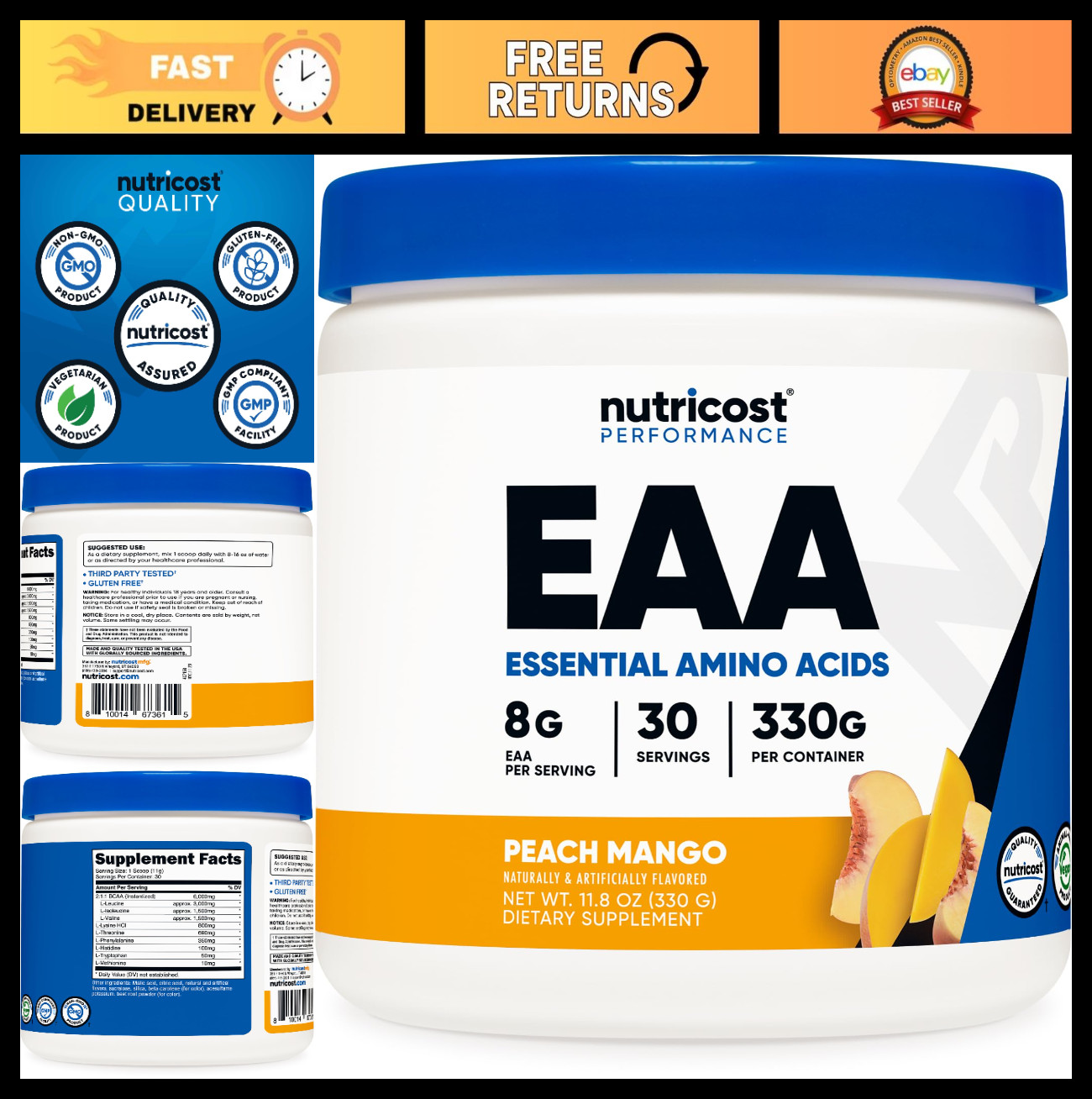 Essential Amino Acids EAA Powder – Peach Mango Flavor, 30 Servings, Non-GMO, Glu