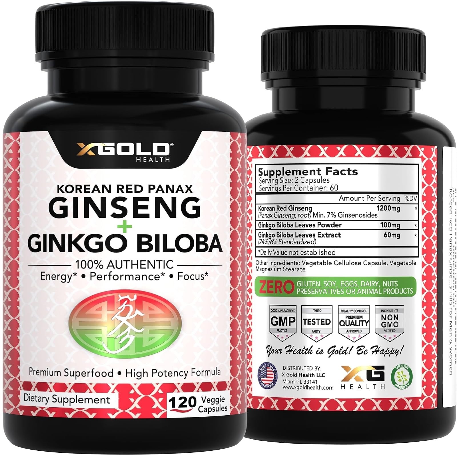 X Gold Health Korean Red Panax Ginseng 1200mg + Ginkgo Biloba 120 Capsules