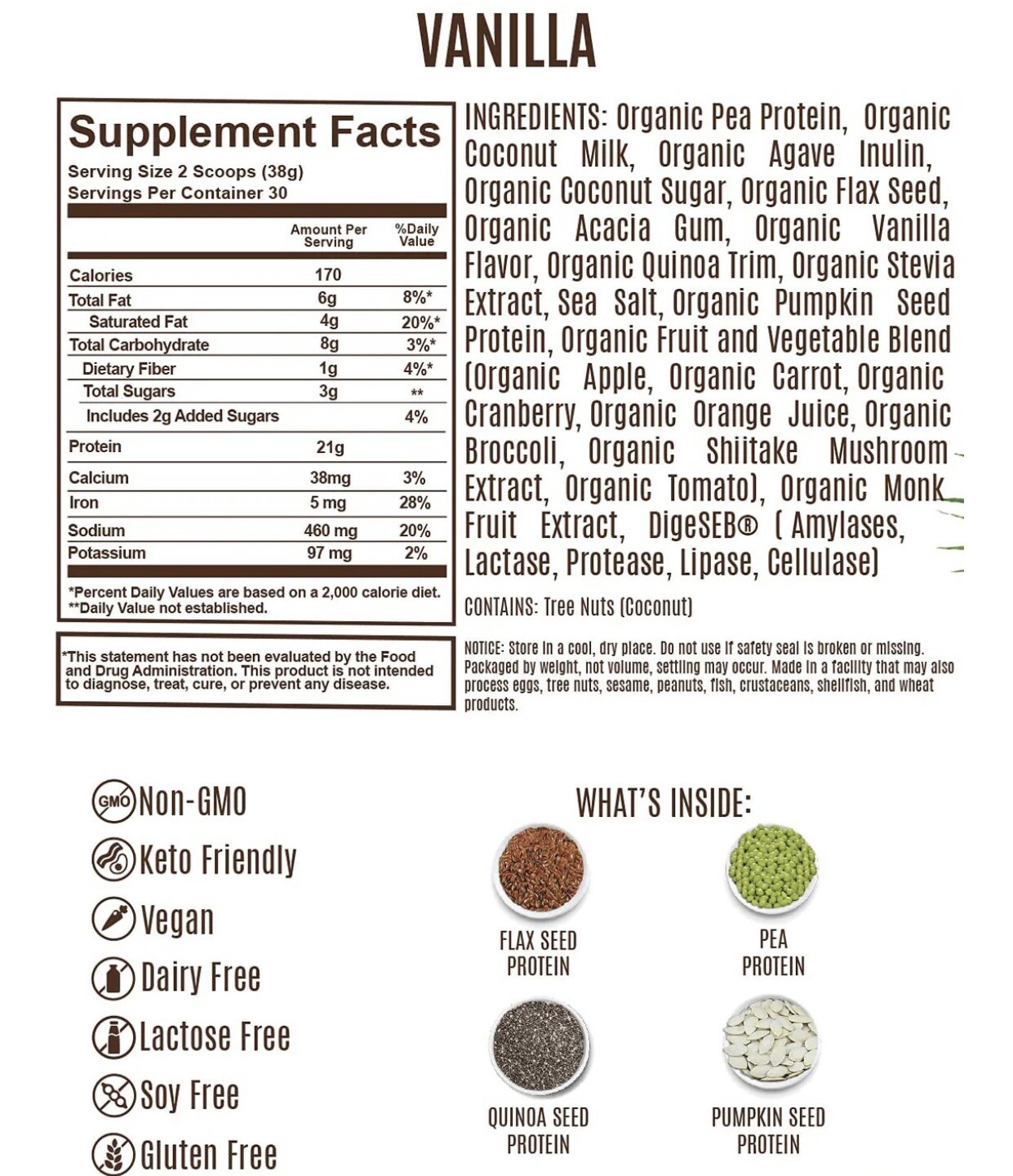 THriV Organic Protein Powder Vanilla 100% Plant Based (21G Protein) 2.5LB TUB