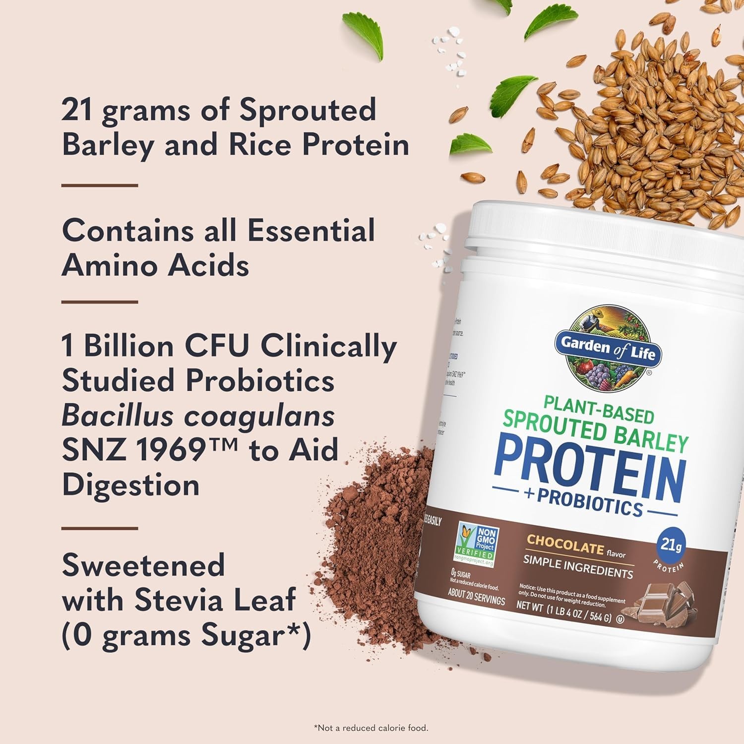Plant-Based Sprouted Barley Protein, Chocolate with 21g Protein, 0g Sugar & C…