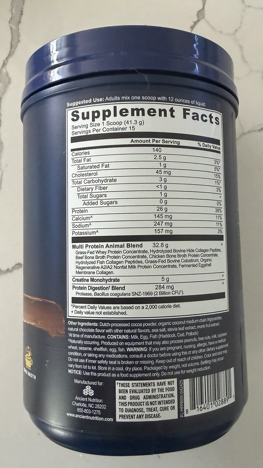 Ancient Nutrition Multi Protein +5g Creatine Dark Choc 22oz Exp 03/28