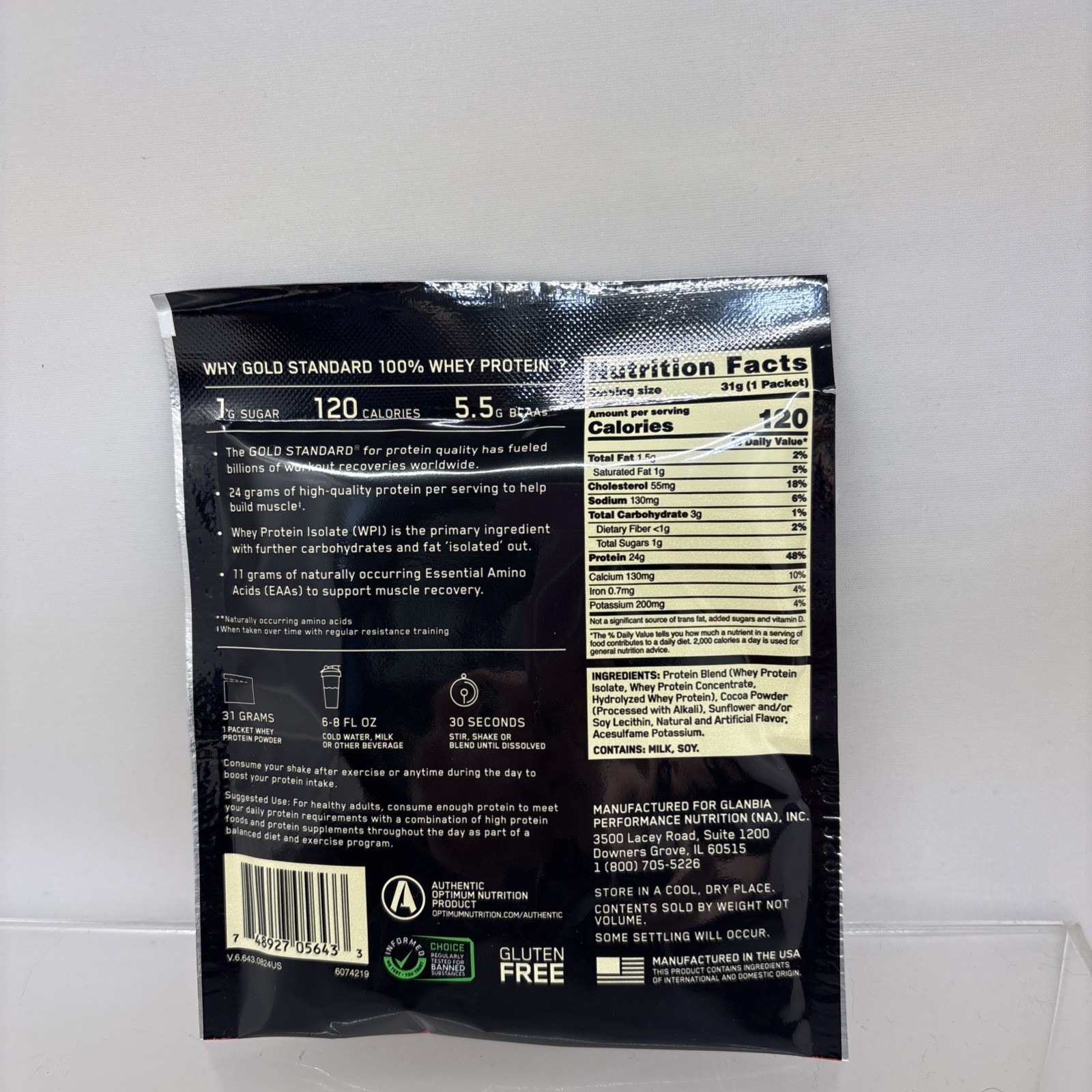8X Optimum Nutrition Gold Standard 100% Whey Protein Powder 1 SERV DBL CHOC B95