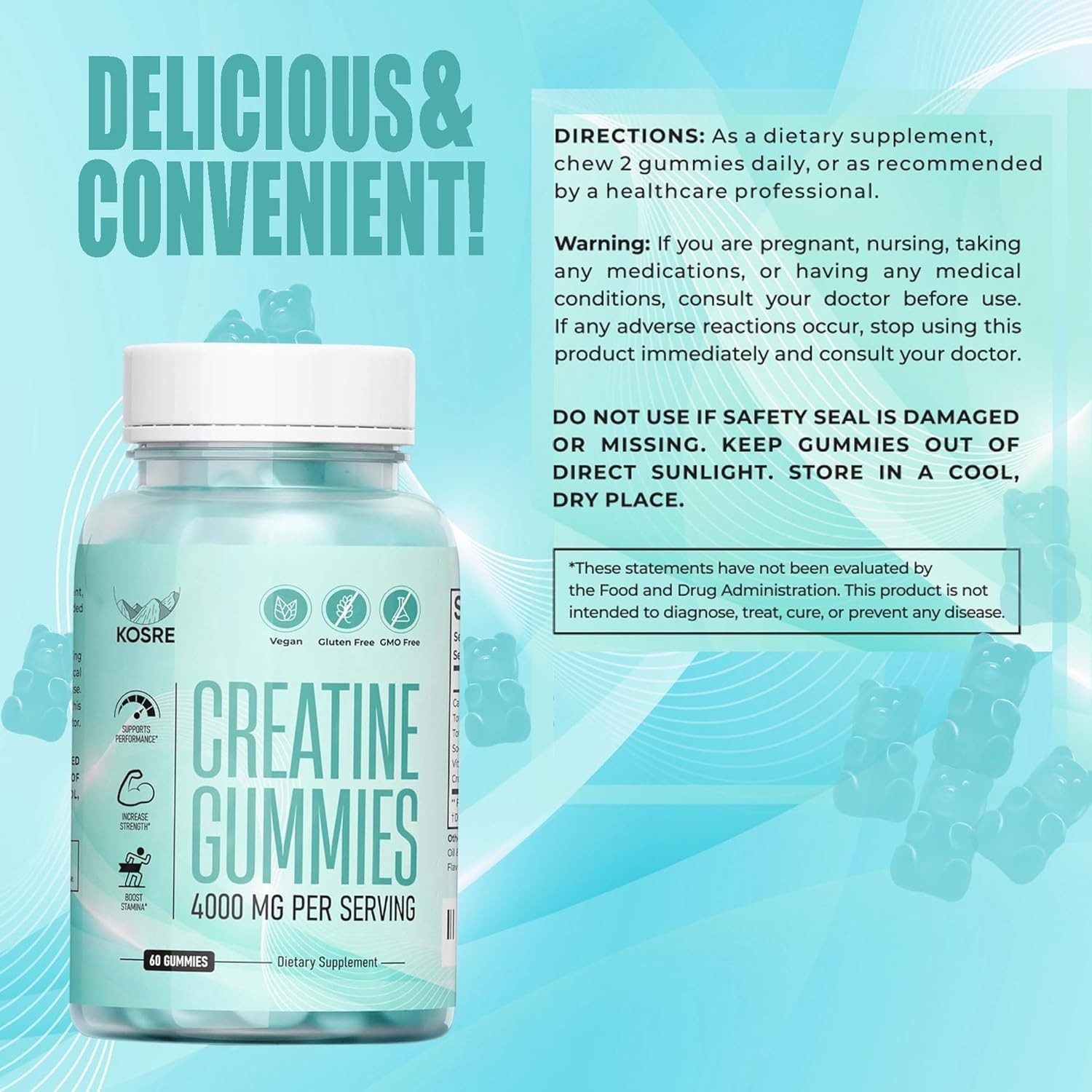 Creatine Monohydrate Gummies for Muscle Support – Blueberry Flavor – 60ct.