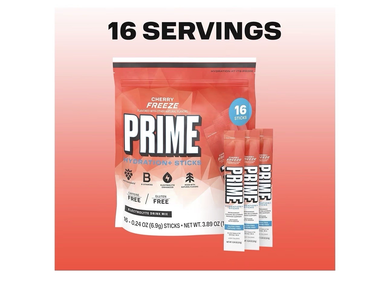 Prime Hydration+ Cherry Freeze Electrolyte Drink Mix Sticks 16 Pack New BB:02/28