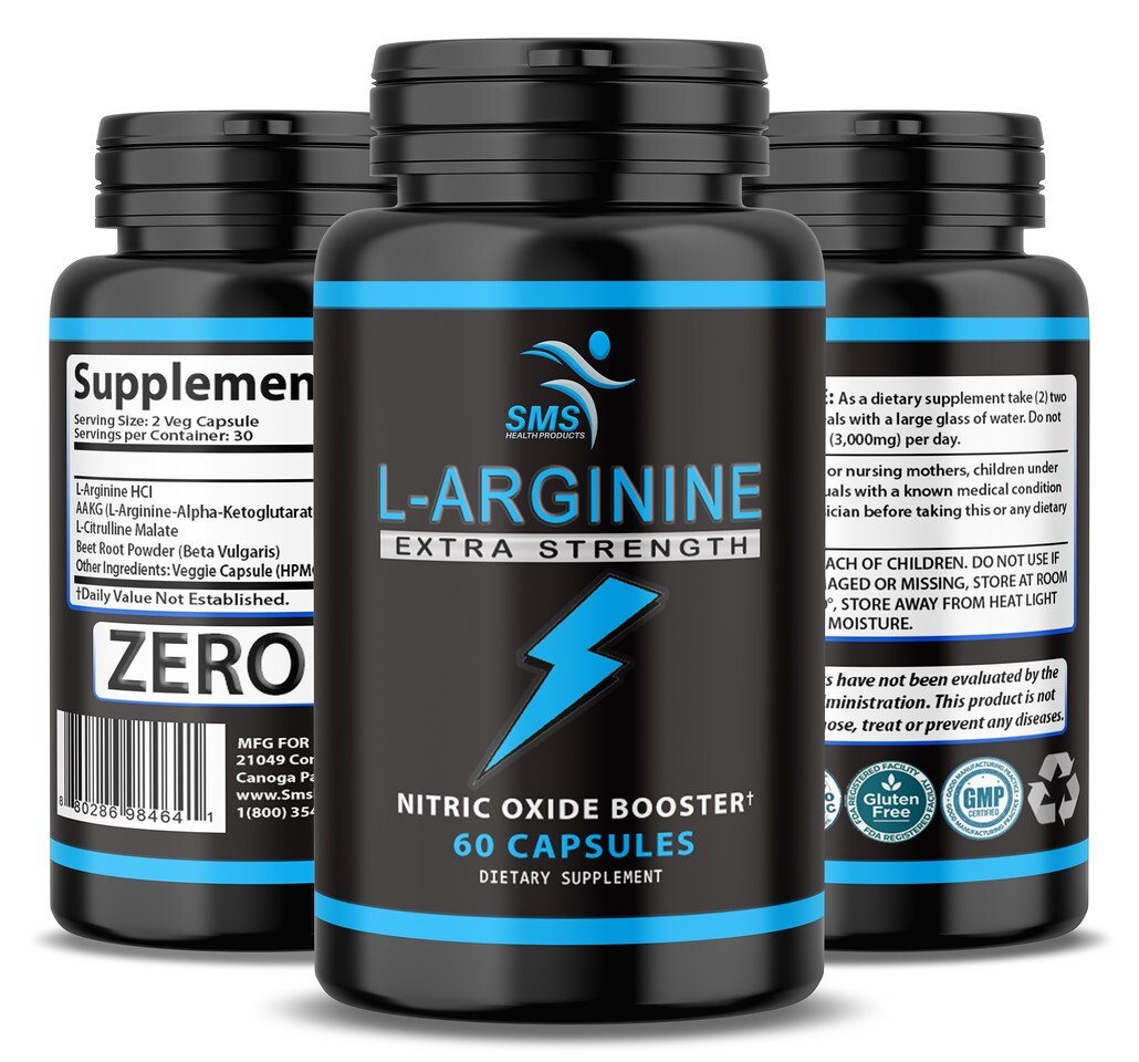 L-Arginine 1,000 MG Extra Strong Nitric Oxide & Circulation Boost 120 Ct By SMS
