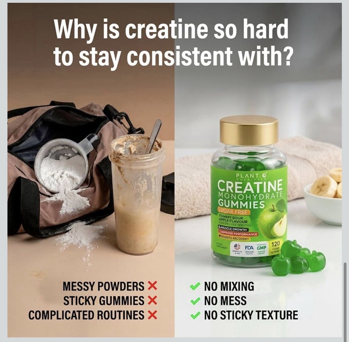 PLANT.O NUTRITION Creatine Monohydrate Gummies Sugar Free 120 Count Green Apple