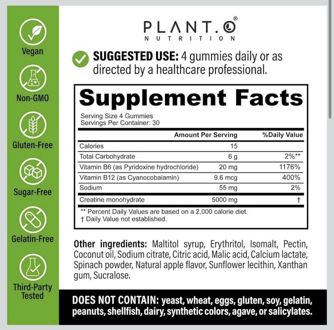 PLANT.O NUTRITION Creatine Monohydrate Gummies Sugar Free 120 Count Green Apple