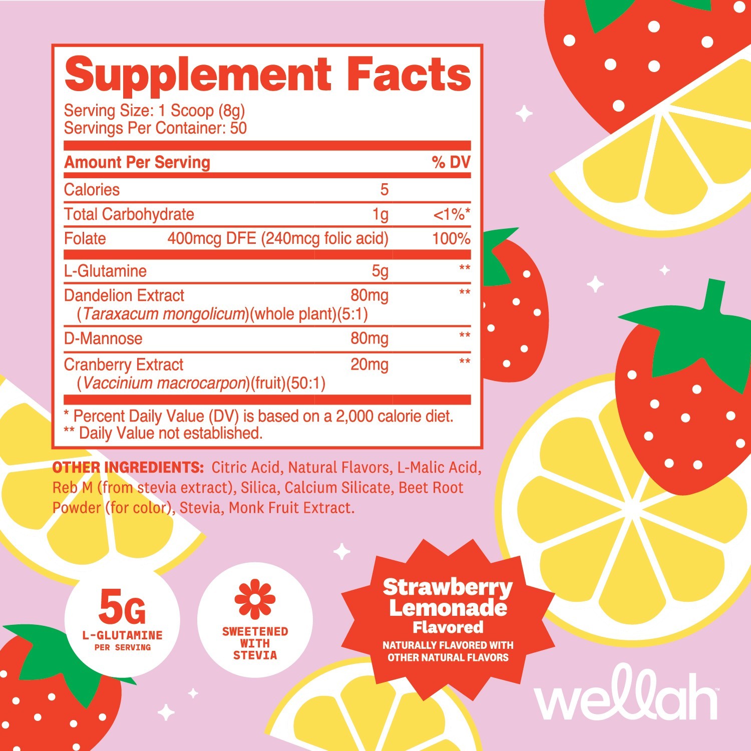 Wellah L-Glutamine Strawberry Lemonade (50 Servings) – Sweetened with Stevia