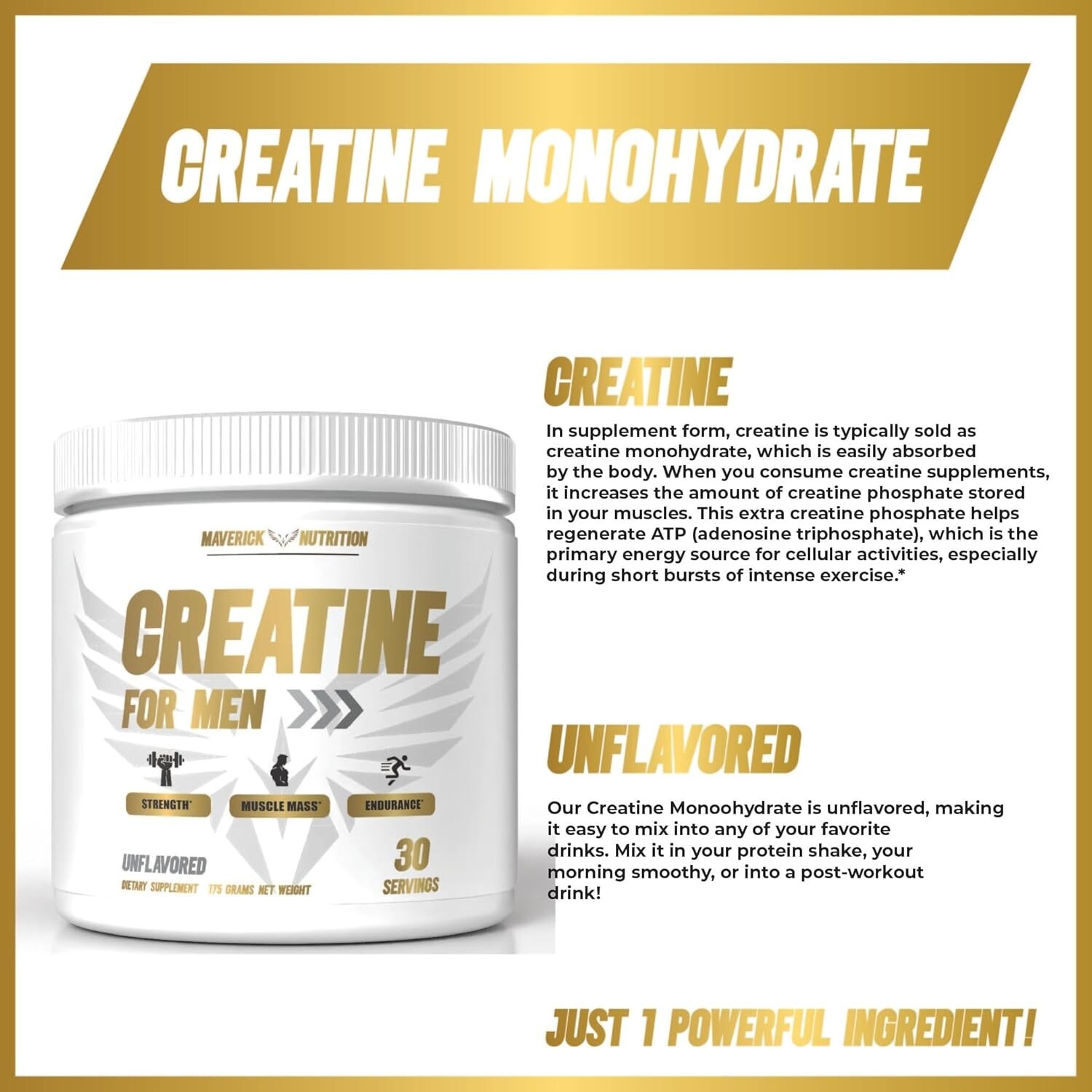 Men’s Monohydrate Creatine Powder Unflavored 5 Grams Per Serving- Muscle Builder