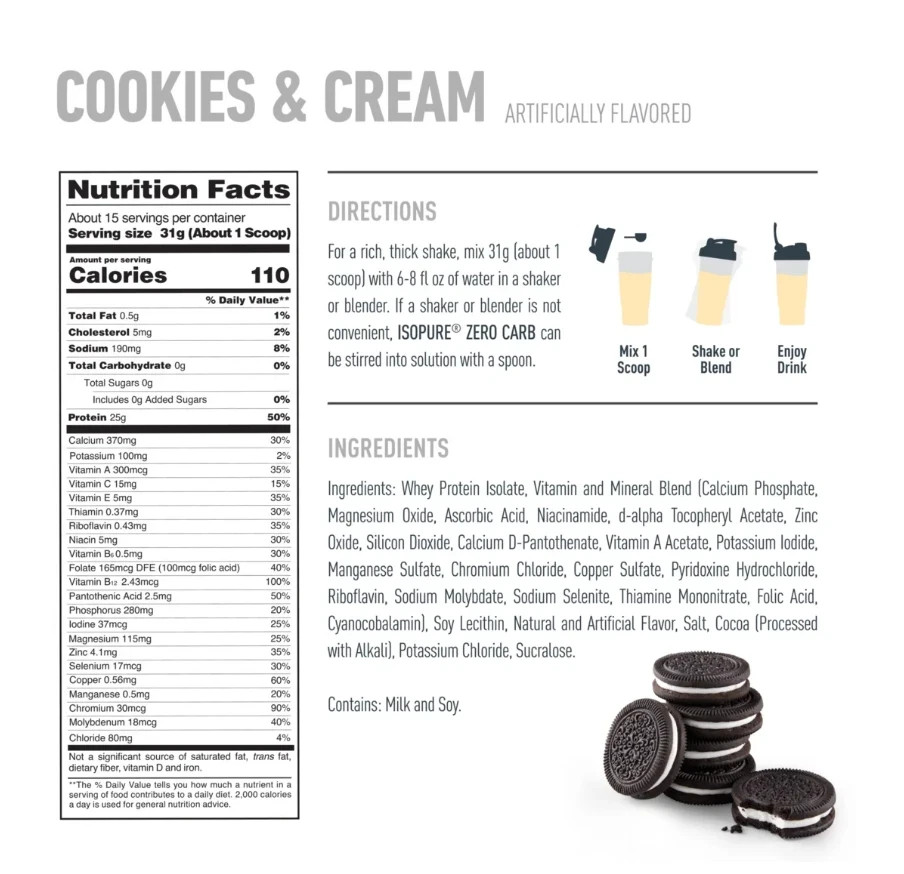 Isopure Zero Carb 100% Whey Protein Isolate Powder, Cookies & Cream, 25g Protein