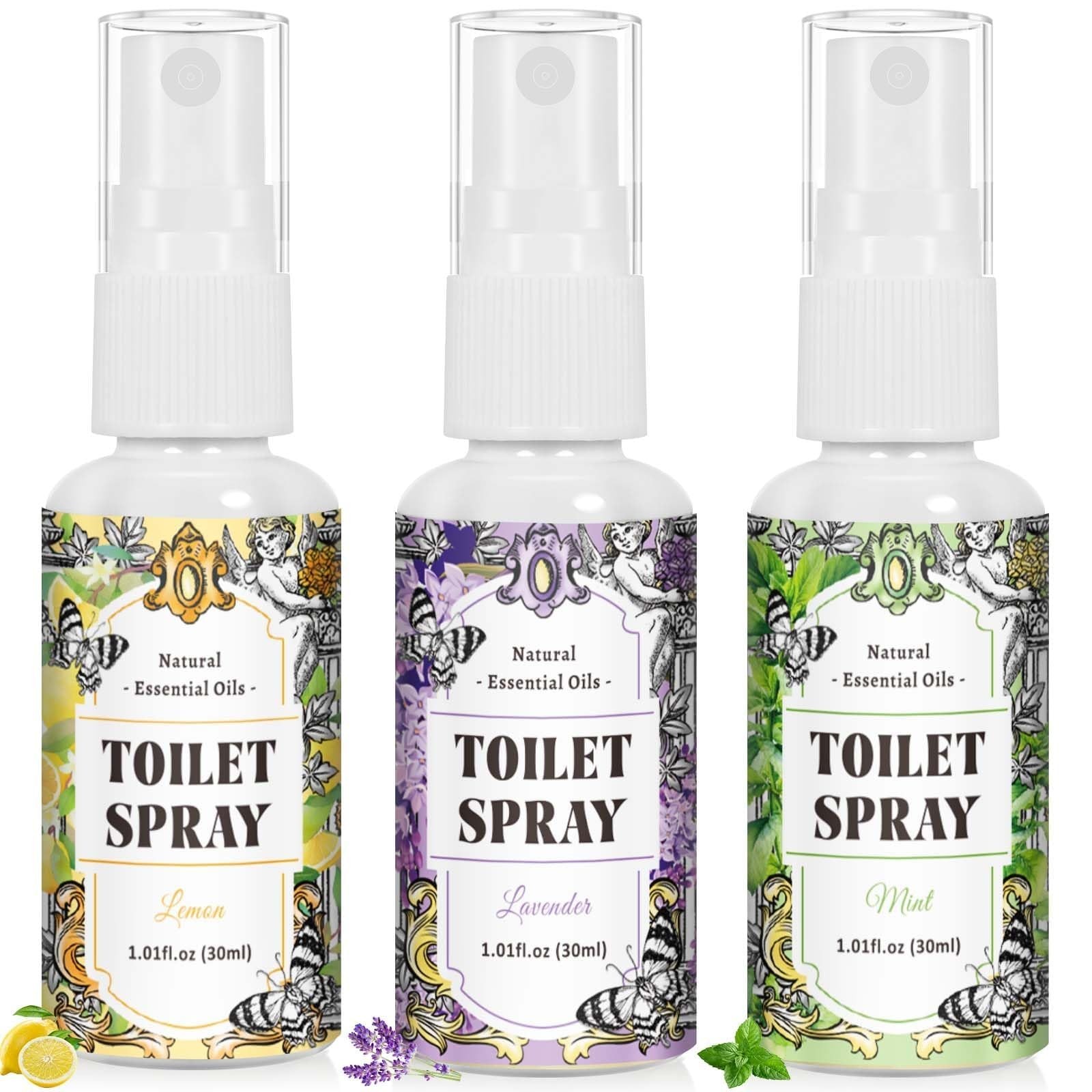 STRN Toilet Spray, 3-Pack Lemon, Mint & Lavender Natural Scent, Portable Inst…