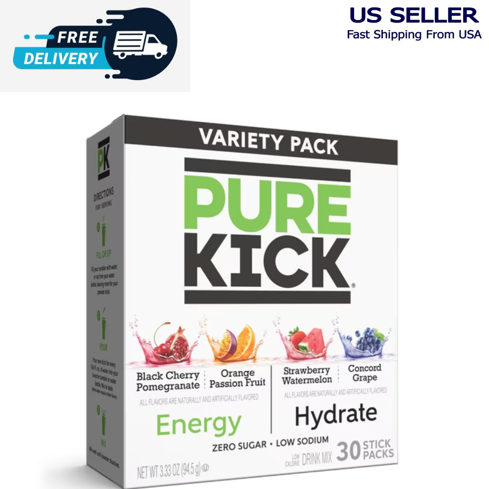 Pure Kick Energy & Hydration Electrolyte Drink Mix Variety Pack 30 Counts