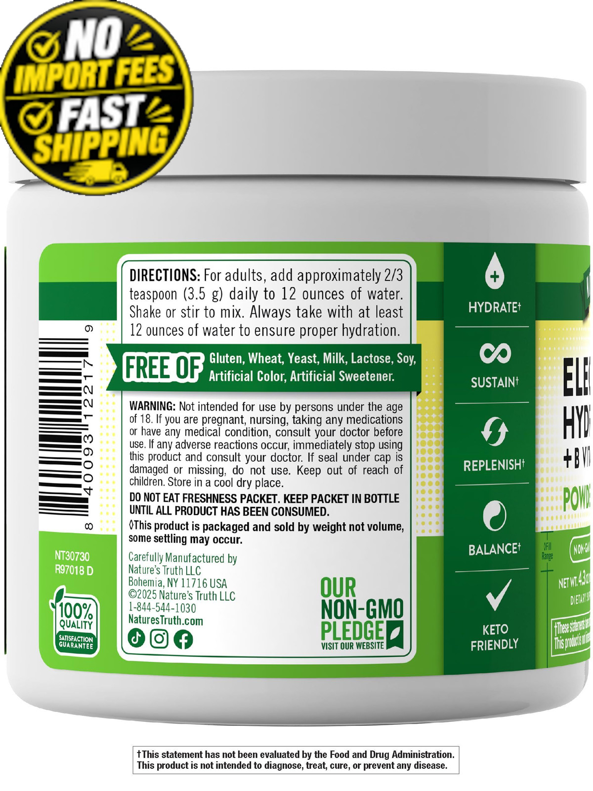 Nature’s Truth Electrolytes Powder | No Sugar | with B 4.3 Ounce (Pack of 1)