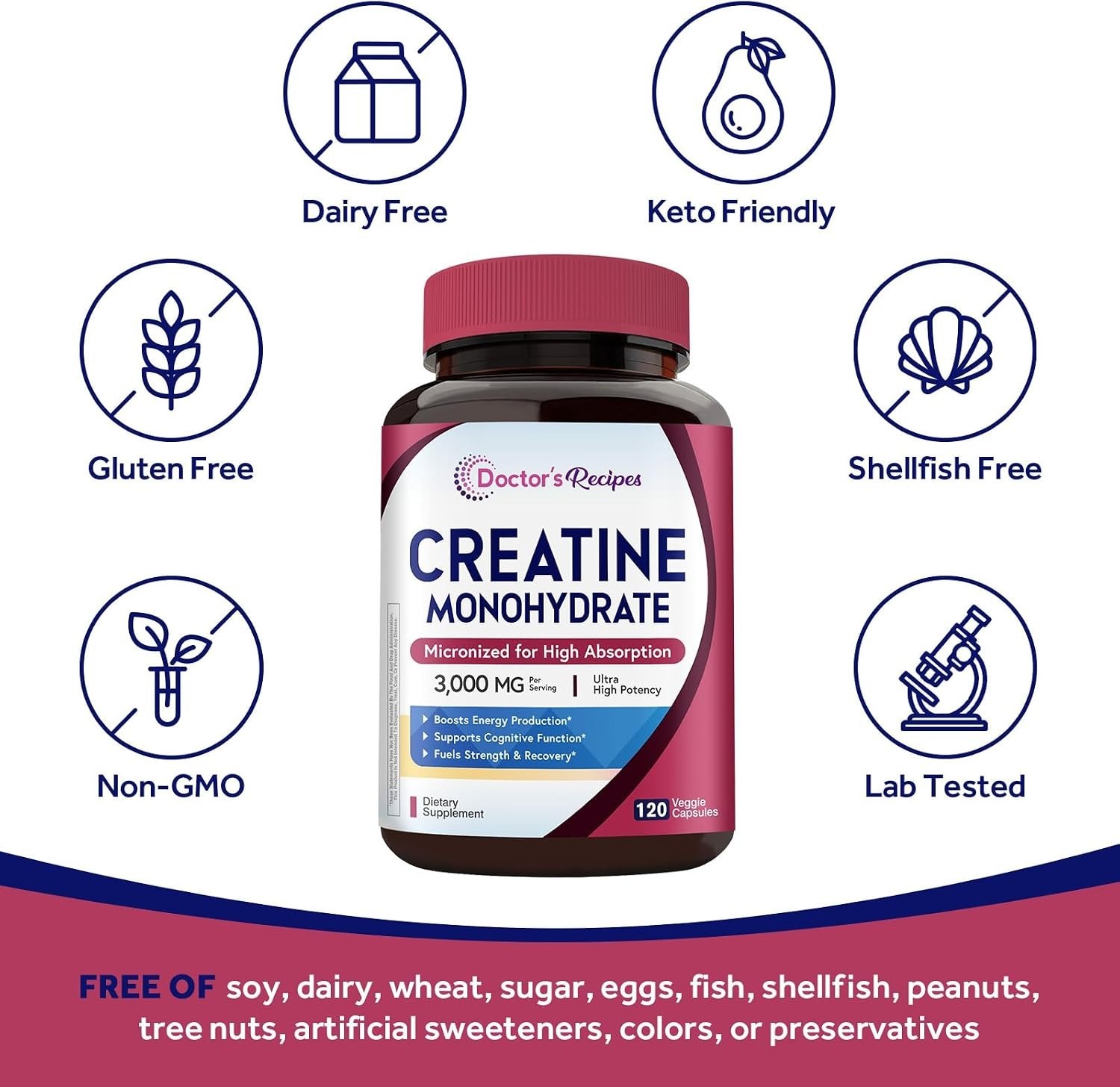 Creatine Monohydrate, 3000mg Per Serving Micronized Creatine Capsules – 120ct.