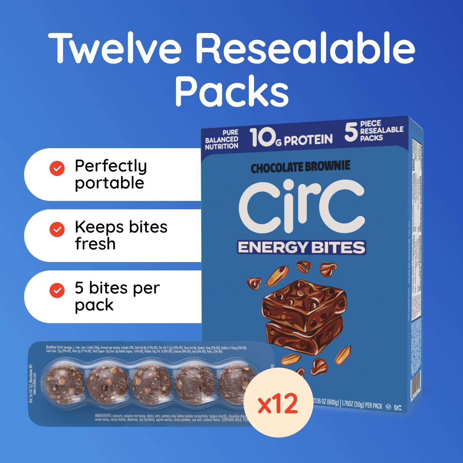 CirC Energy Bites – 12 Pack Chocolate Brownie Gluten Free Protein Balls – 10g Pr