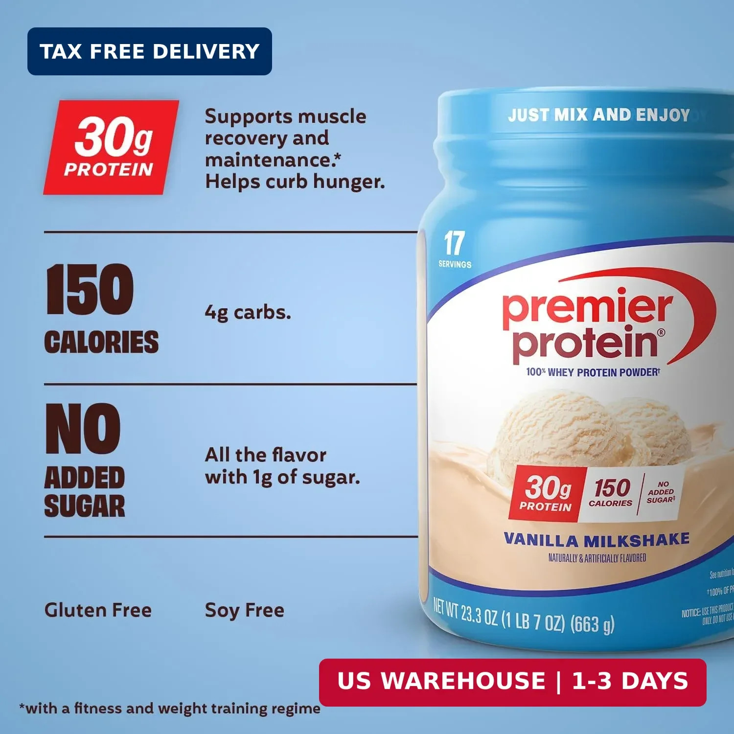 Premier Protein 30g High Protein Powder, 100% Whey, Vanilla, 17 Servings | No Ad