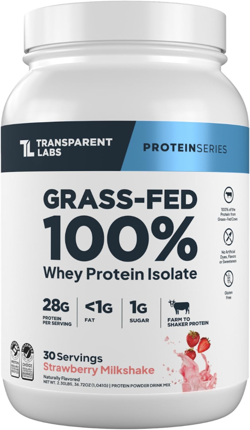 Whey Protein Isolate Powder 28g Grass Fed Natural Strawberry 30 Servings Labs