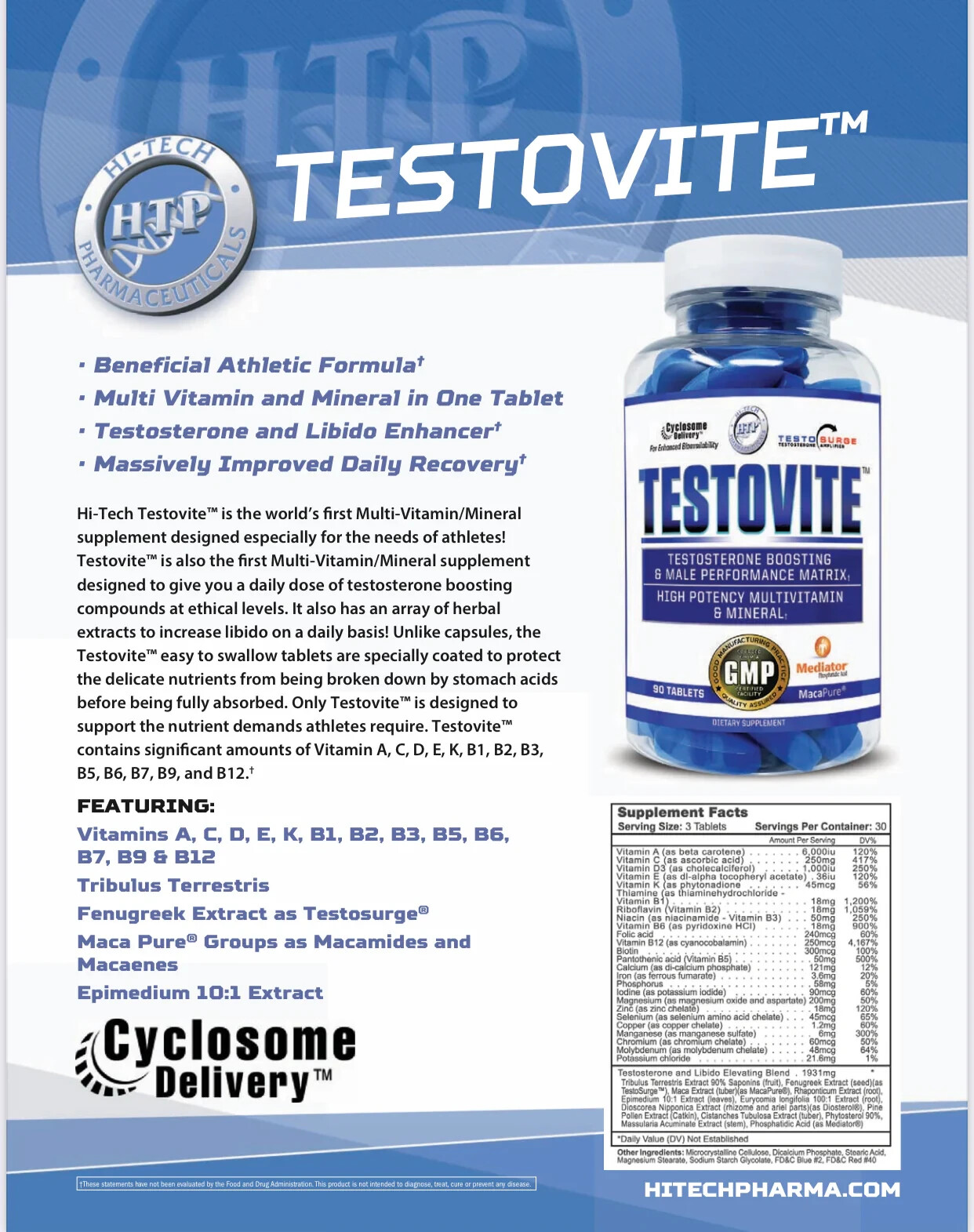 Hi-Tech Pharmaceuticals Testovite Men Test Boosting Multi-Vitamin 90 Tablets NEW