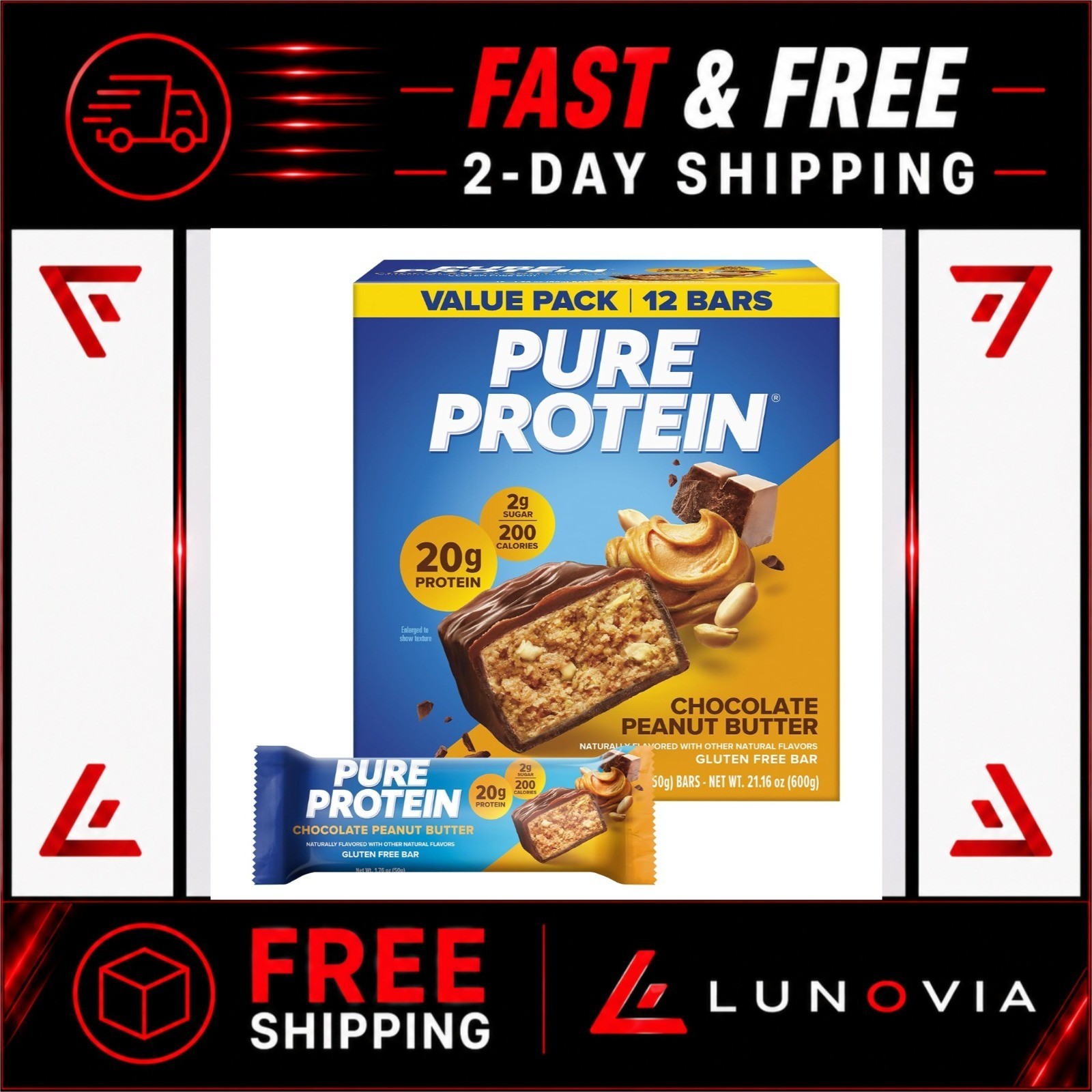Pure Protein Chocolate Peanut Butter Bars | 20g Protein, Low Sugar, 12 Ct