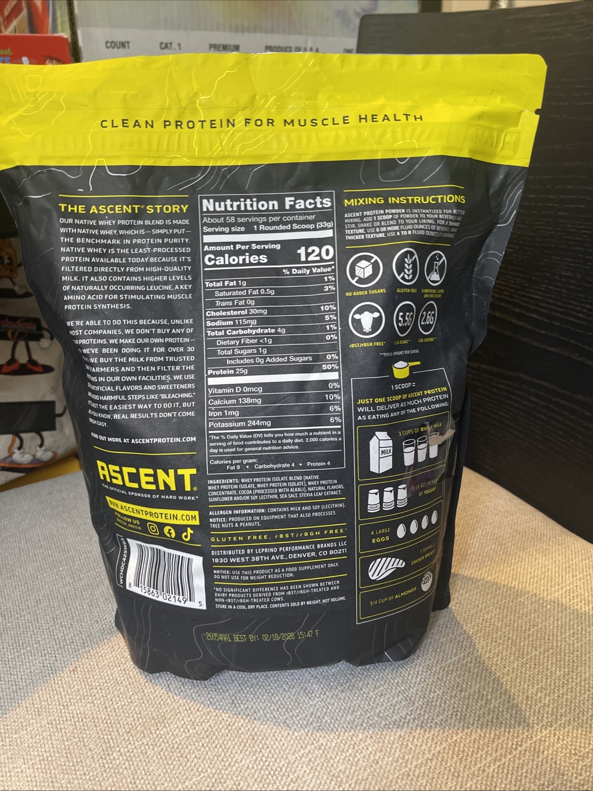 Ascent Whey Protein Chocolate 4.25 lb Native Whey 25g Protein Gluten Free