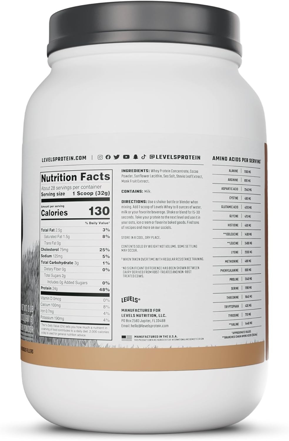 Levels 2LB Whey Protein Powder – 24g Protein, Naturally Delicious Chocolate