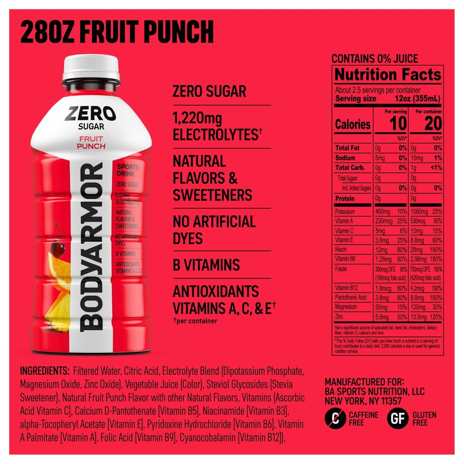 BODYARMOR ZERO Sugar Fruit Punch 28oz 15-Pack Electrolyte Sports Drink