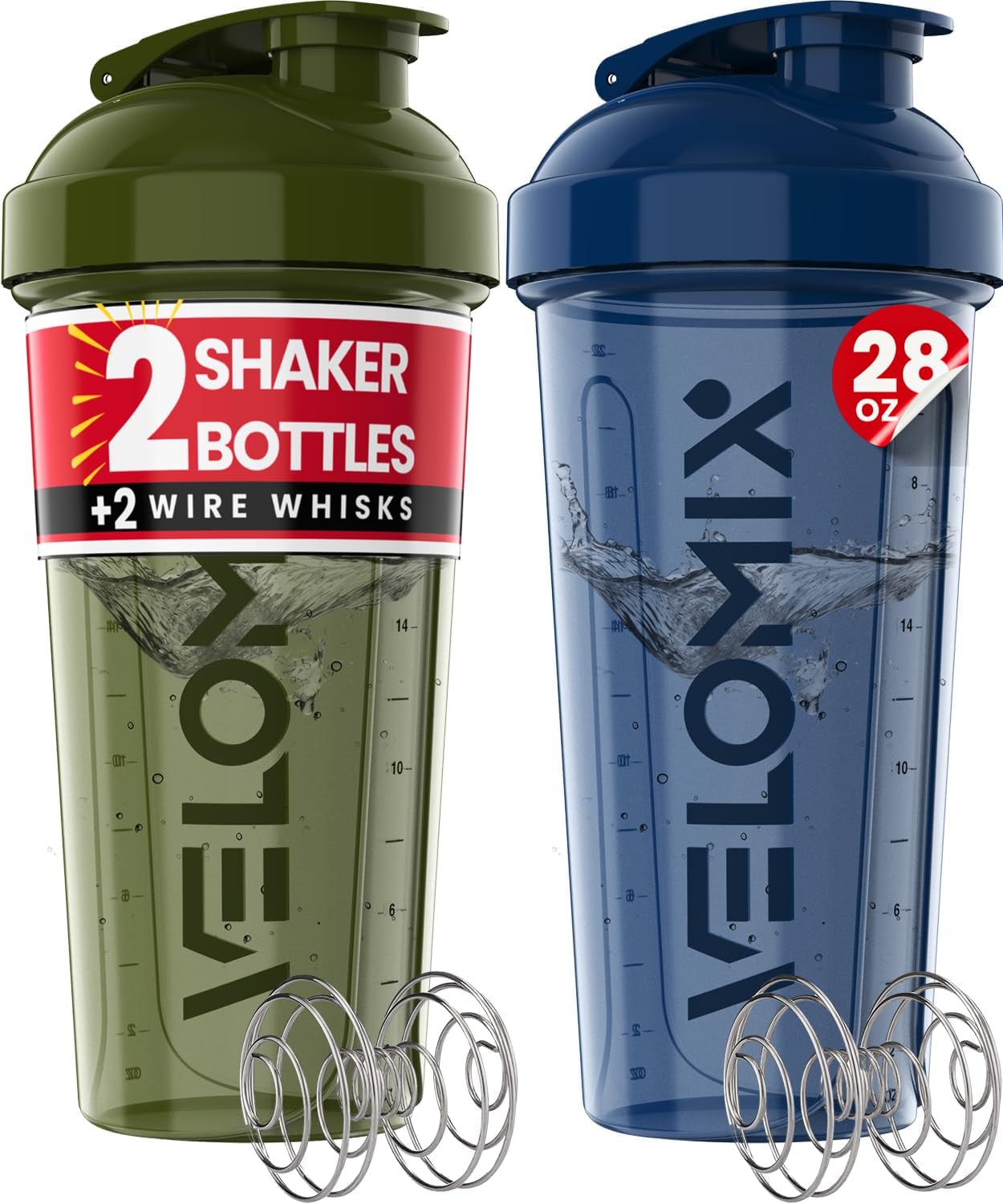 VELOMIX 2 Pack 28oz Protein Shaker Bottle for Protein Mixes Blue/Green 2x Wire