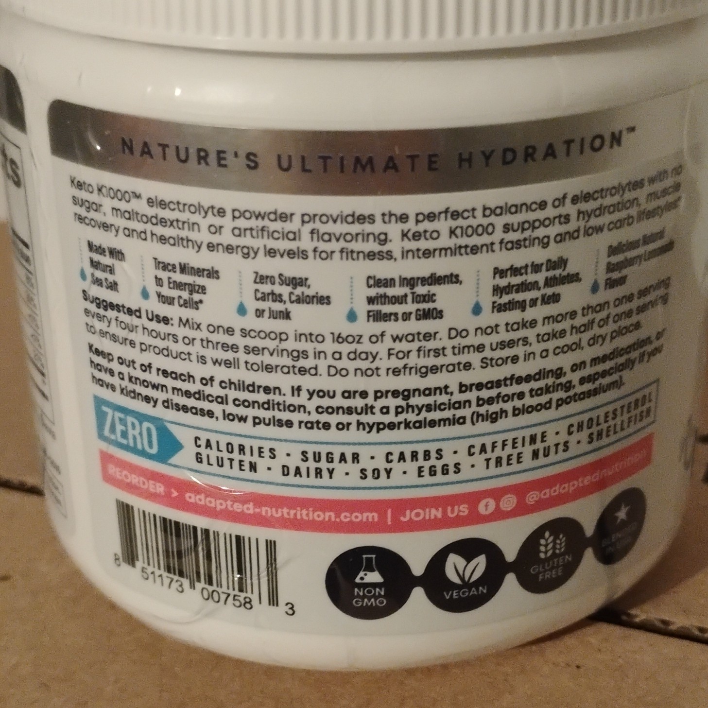 Adapted Nutrition Keto K1000 Raspberry Lemonade Electrolyte Powder 10.5oz