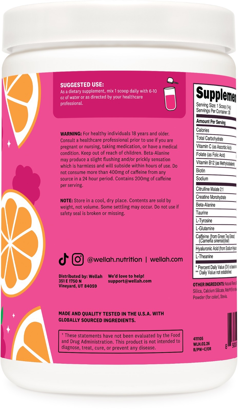 Wellah Pre-Workout + Creatine Powder (30 Servings) Orange Raspberry -3g Creatine