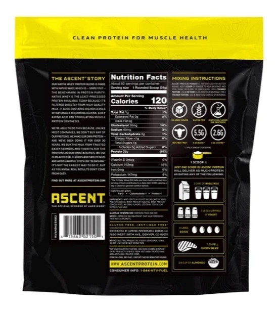 Ascent Whey Protein Vanilla Bean or Chocolate 4.25 lb Native Whey 25g Protein