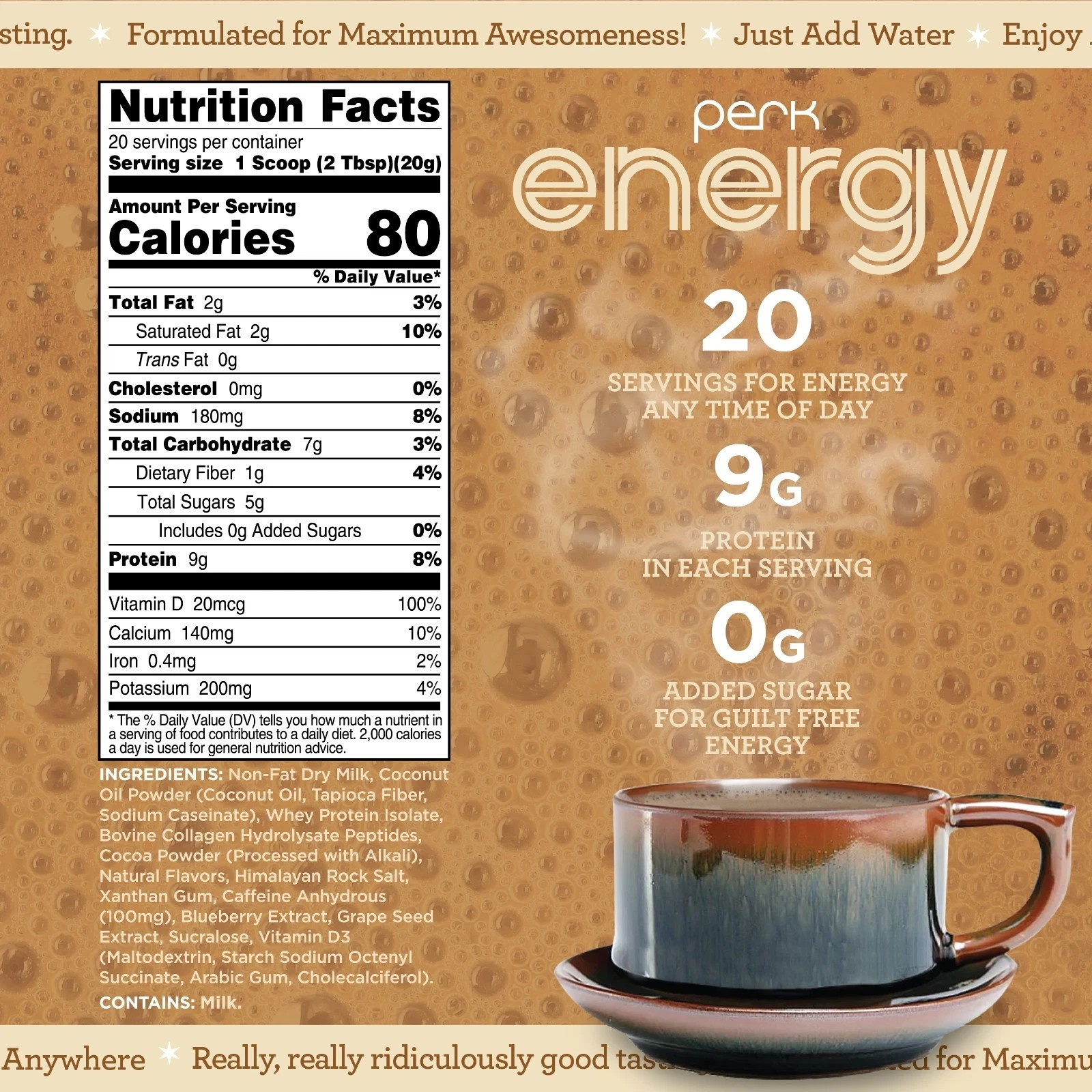 Perk Energy Original Tan Mocha Latte Flavored Drink Powder 14.4oz (20 Servings)