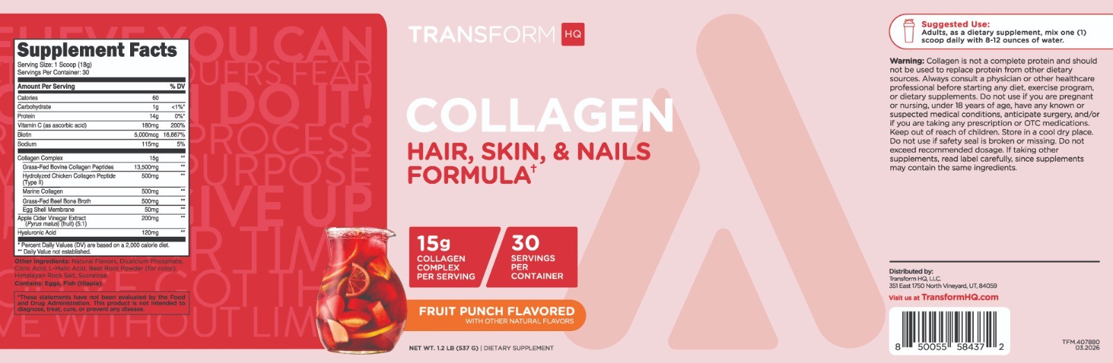TransformHQ Beauty Collagen (30 Servings) Fruit Punch – Hair, Skin, & Nails
