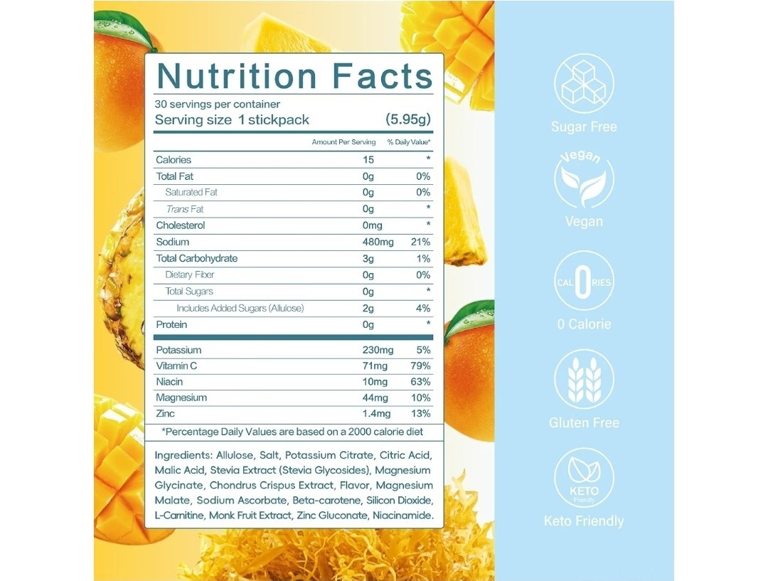 VDY Sea Moss Electrolytes Hydration Drink Mix Sugar-Free Mango & Pineapple 30ct