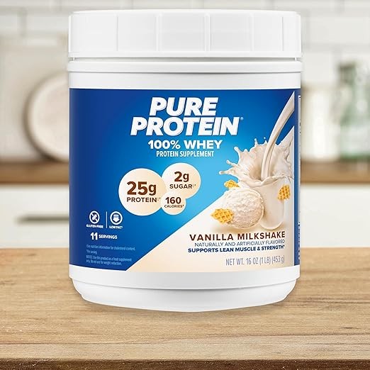 Pure Protein Whey Protein Powder Vanilla Cream Low Sugar Gluten Free 1lb Tub