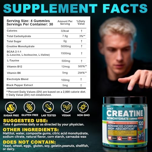 Creatine Monohydrate Gummies 5g BCAA B12 Energy Muscle