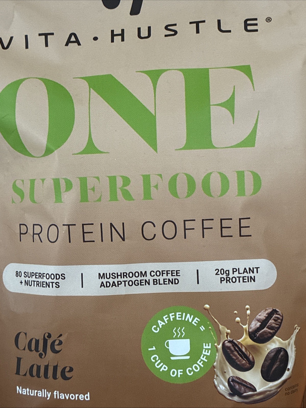 Vita Hustle ONE Superfood Protein Cafe Latte Caffeine Mix Powder Vegan 1.47 Lbs