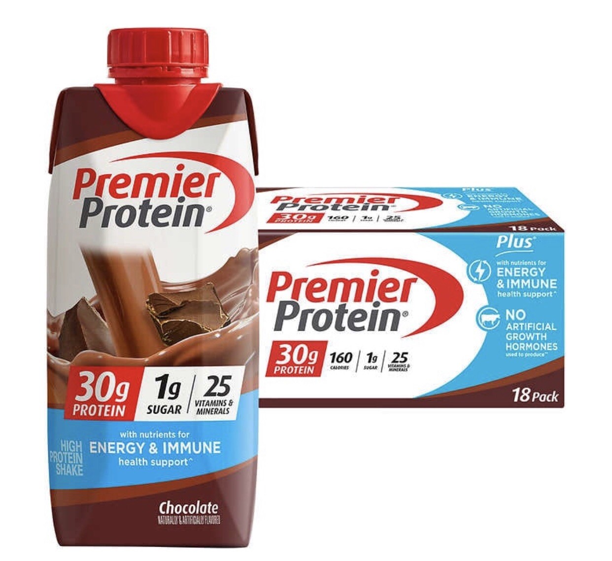 Premier Protein PLUS, 11 fl oz, 18-pack, Chocolate 🍫