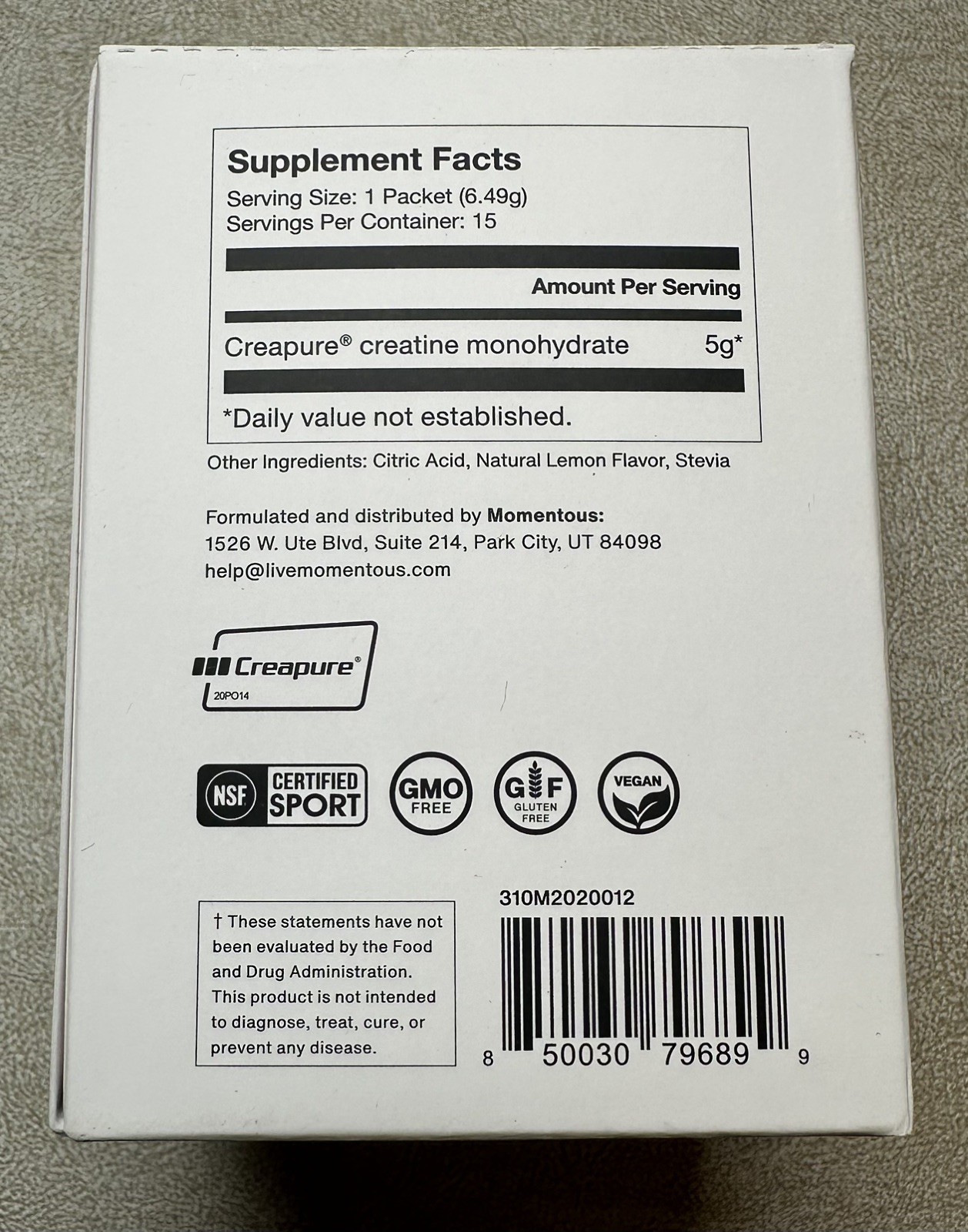Brand New Factory Sealed Momentous Creatine 15 Packets, Cognitive Muscle Support