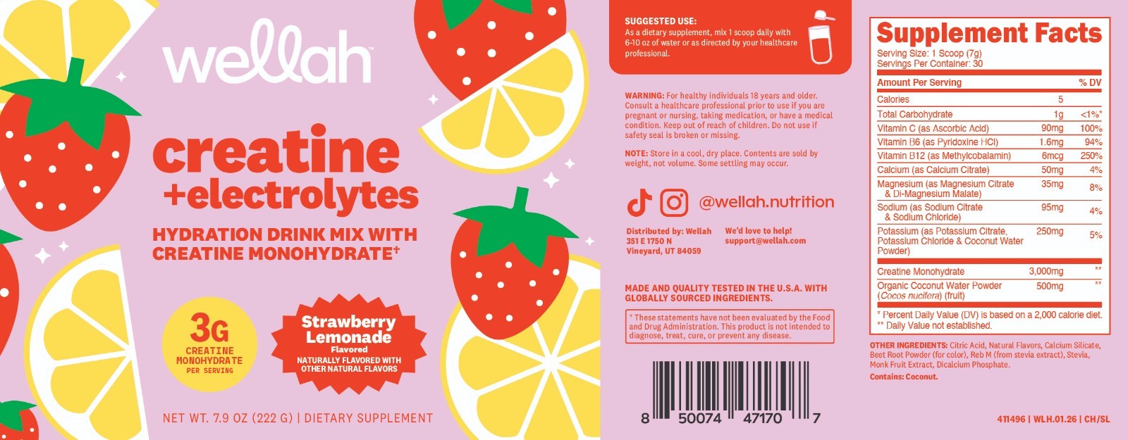 Wellah Creatine + Hydration Powder (Strawberry Lemonade) 30 Servings – Drink Mix