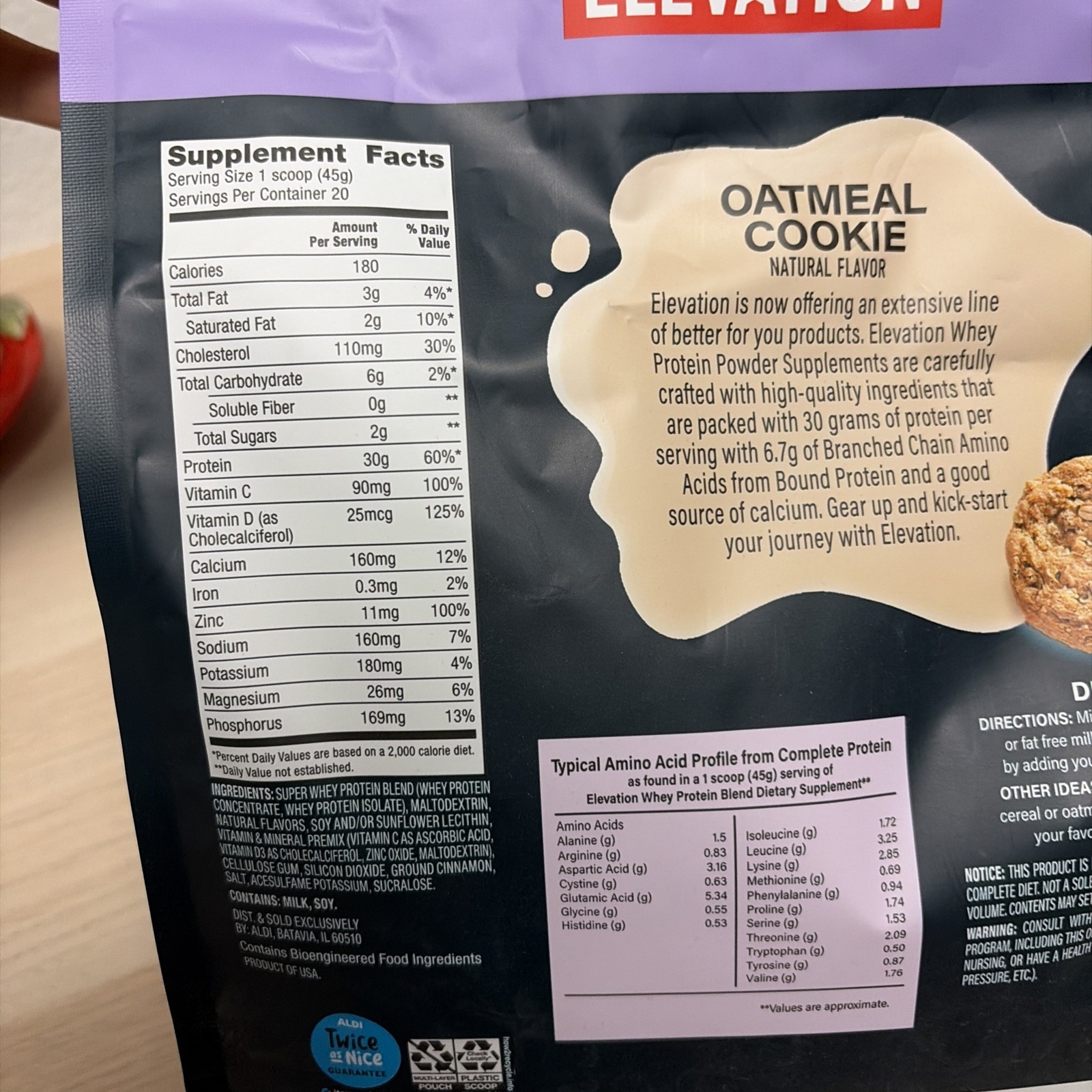 Elevation Whey Protein Powder Blend 32oz Oatmeal Cookie 1 Bag Aldi Exp 11/2027