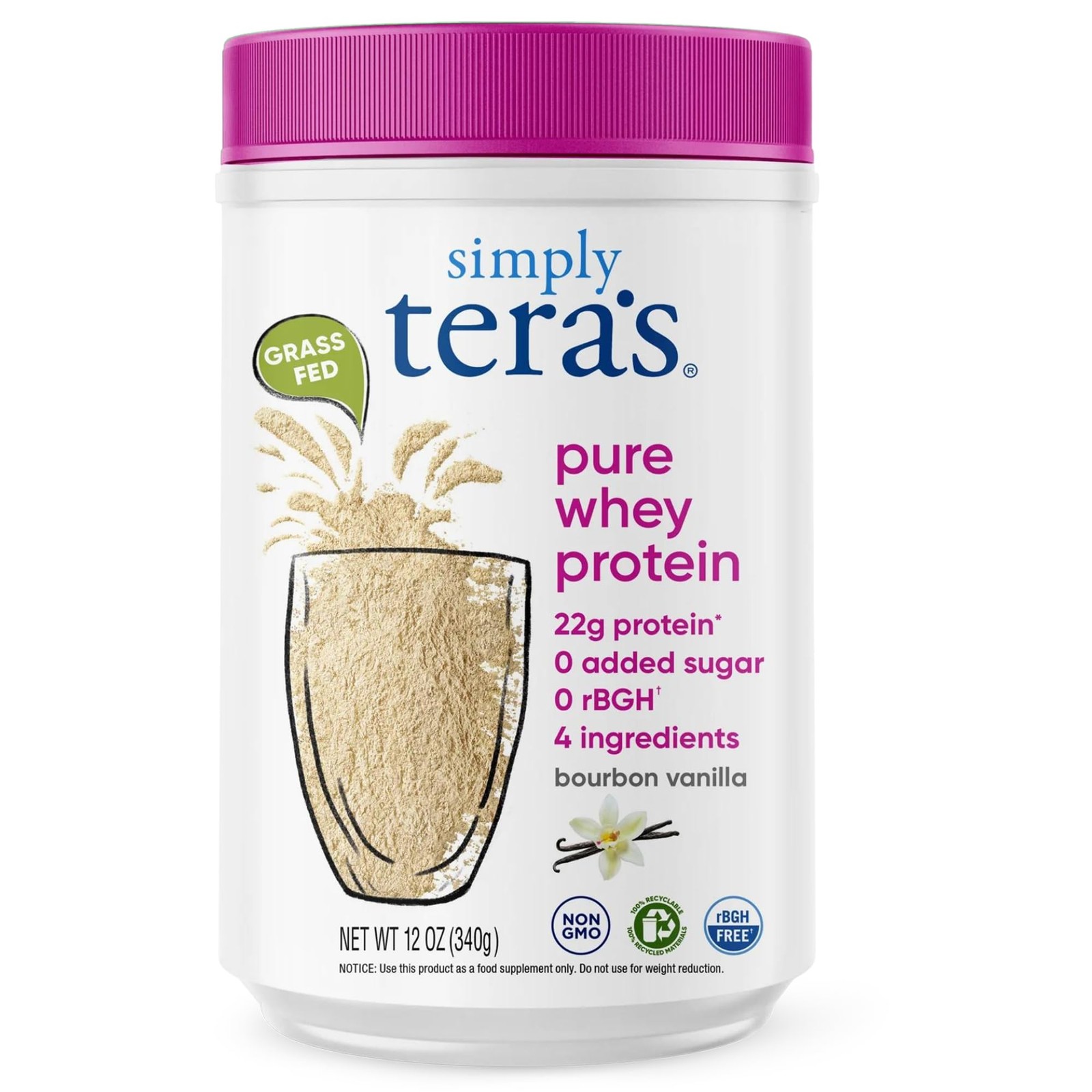 Simply Tera’s Pure Whey Protein Powder Grass Fed Vanilla – 12oz Non-GMO