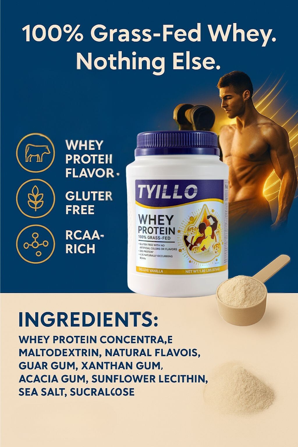 TYILLO Grass-Fed Whey Protein – Build Muscle, Boost Energy, Recover Fast 1.8lbs