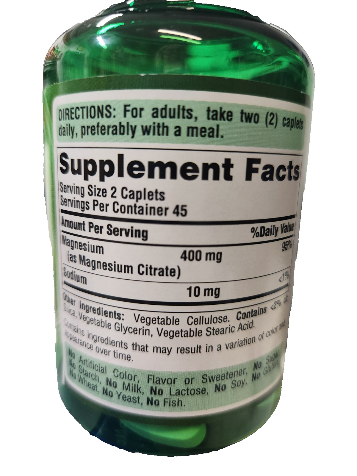 Puritan’s Pride Magnesium Citrate 400mg serving (2 caplets) – 90 coated caplets