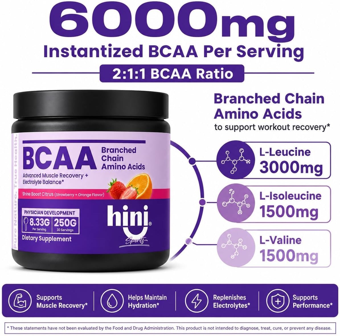 BCAA Powder, 2:1:1 Branched Chain Amino Acids with Electrolytes, 6000mg BCAA …
