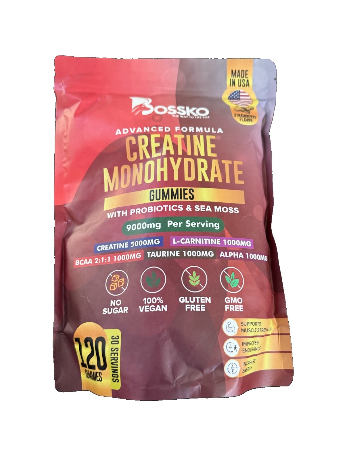 Bossko 5000mg Creatine Monohydrate Gummies Strawberry 120 w/ Sea Moss Vegan