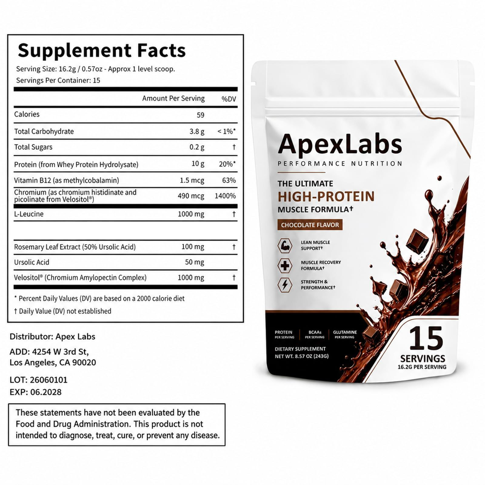 Fuxvao Apex Labs Muscle Powder Chocolate, Apexlabs 1 Pound (Pack of 1)