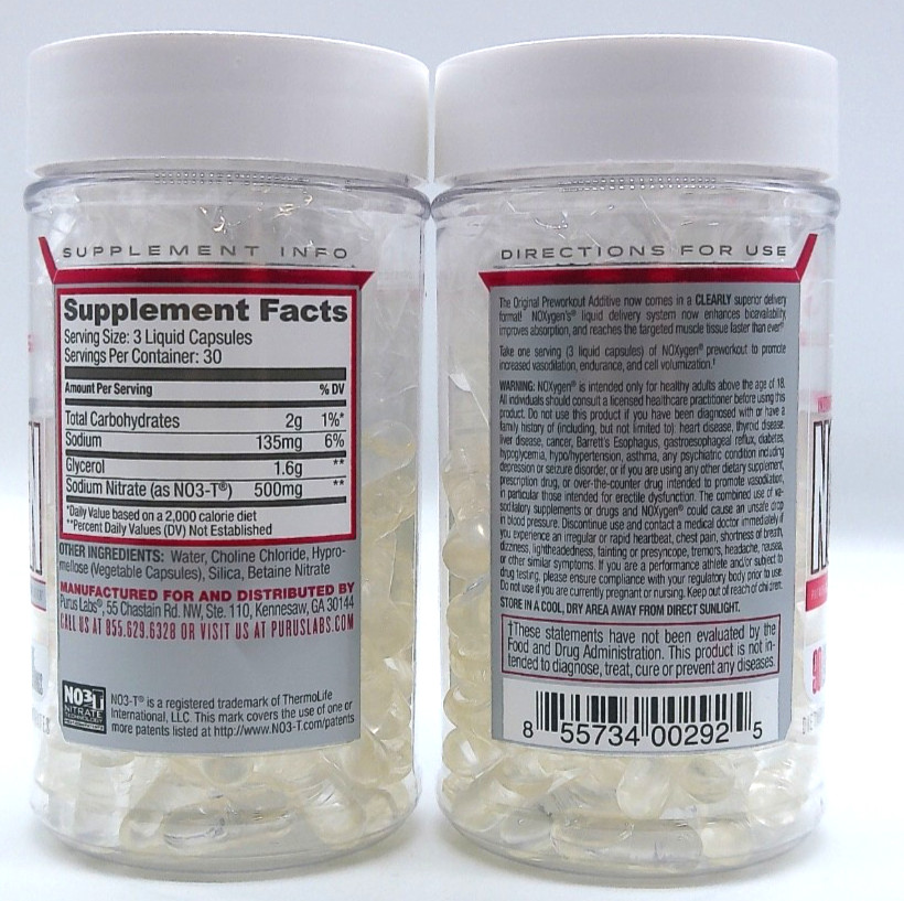 2Pk- Purus Noxygen Pre-Workout, 180 Total Liquid Capsules, Exp. 7/27